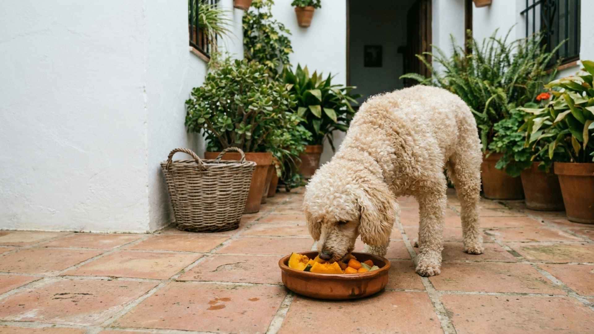 Perro comiendo en un jardin
